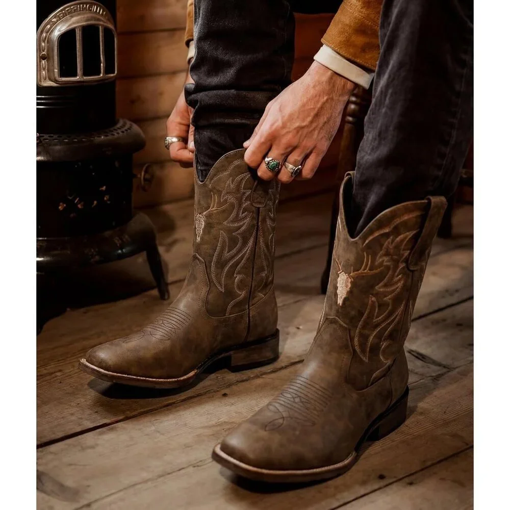Men's Brown Western Boots Slip Resistant Country Boot Retro Classic Embroidered